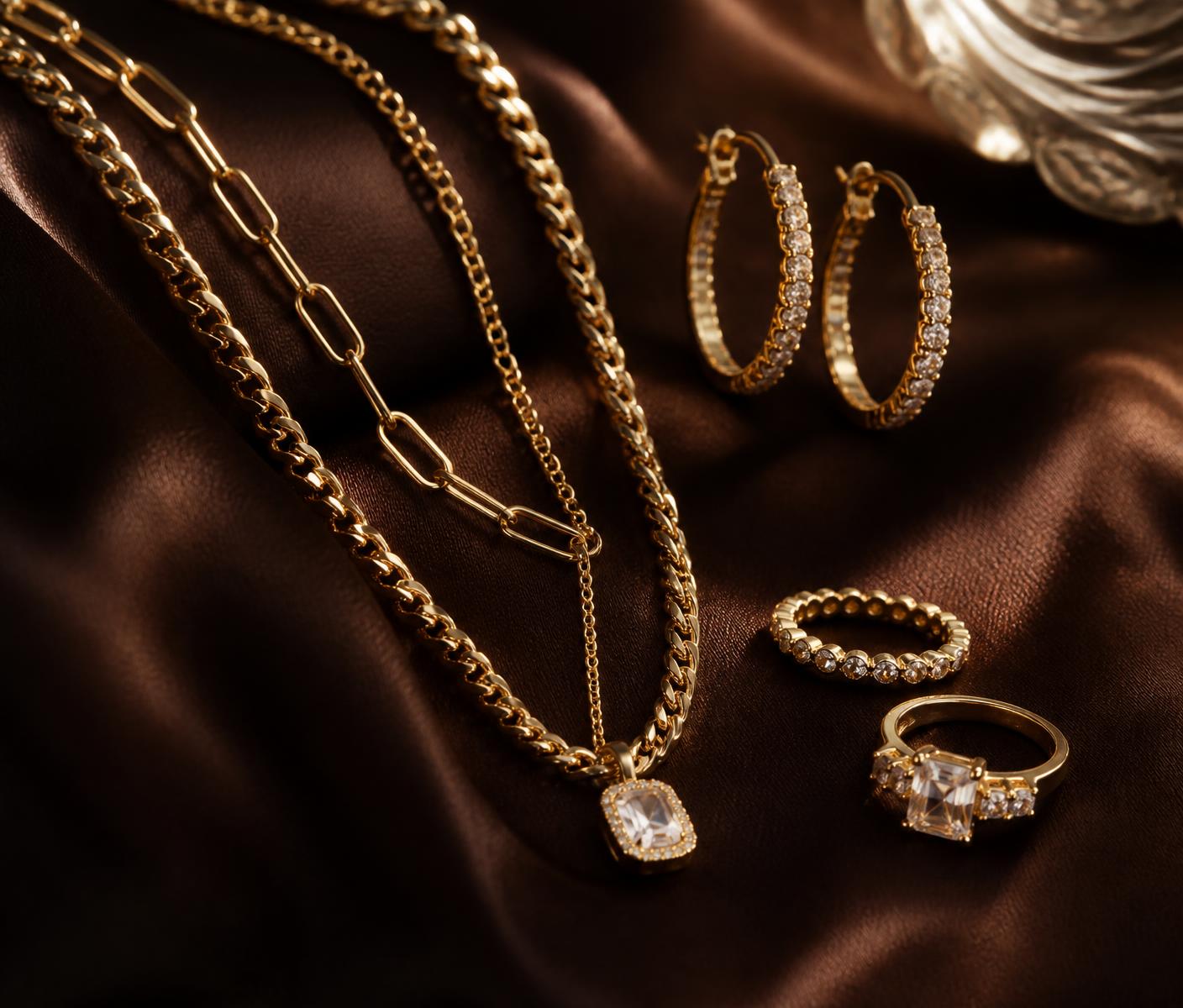 Semijoias folheadas a ouro: colares, brincos de argola e anéis com zircônias