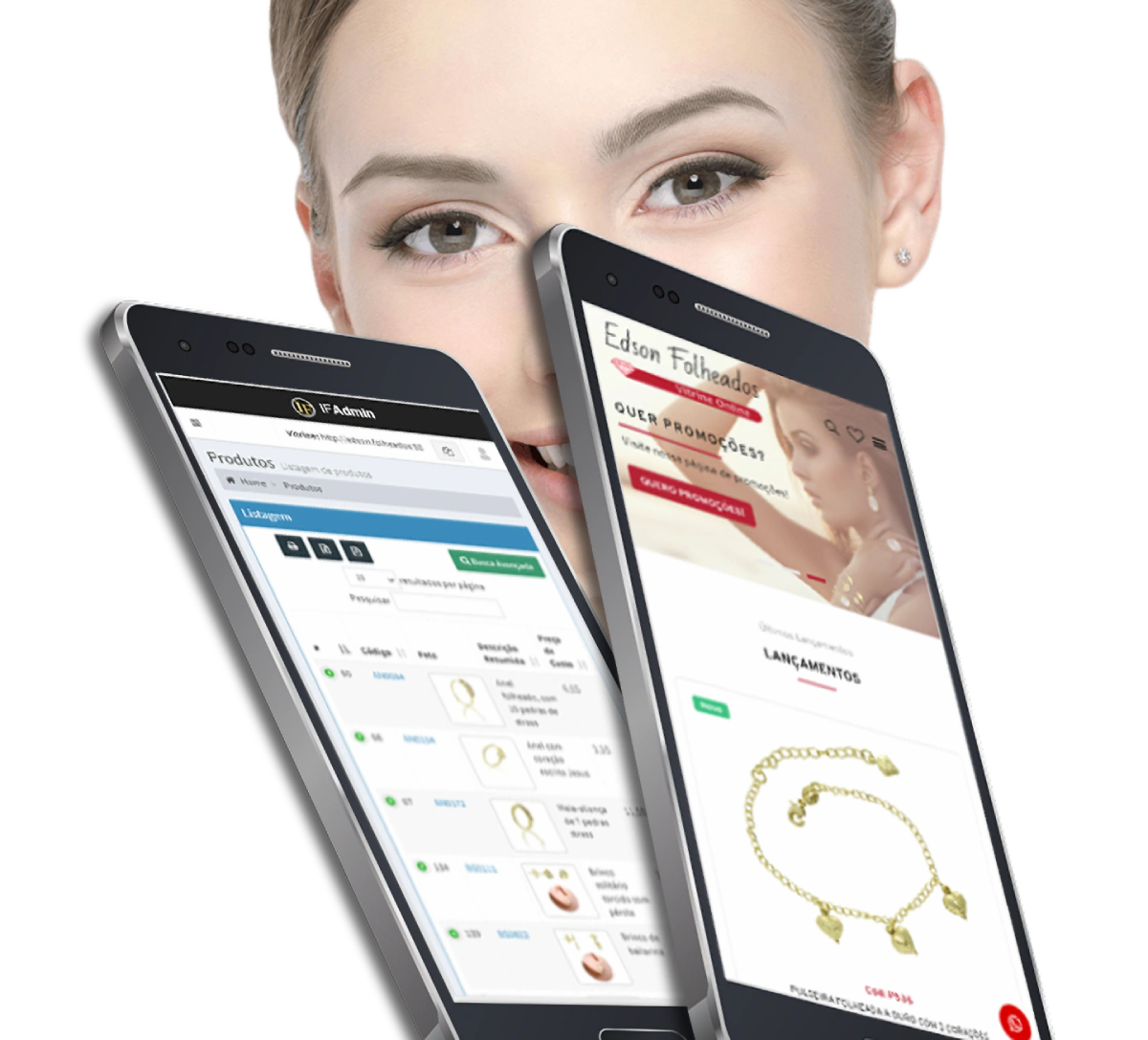 Celular exibindo uma loja virtual de semijoias ao lado de brincos folheados